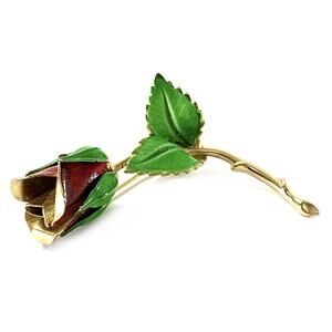 Vintage Giovanni Enamel Rose Brooch Red Green Gold Tone Signed 2.5”